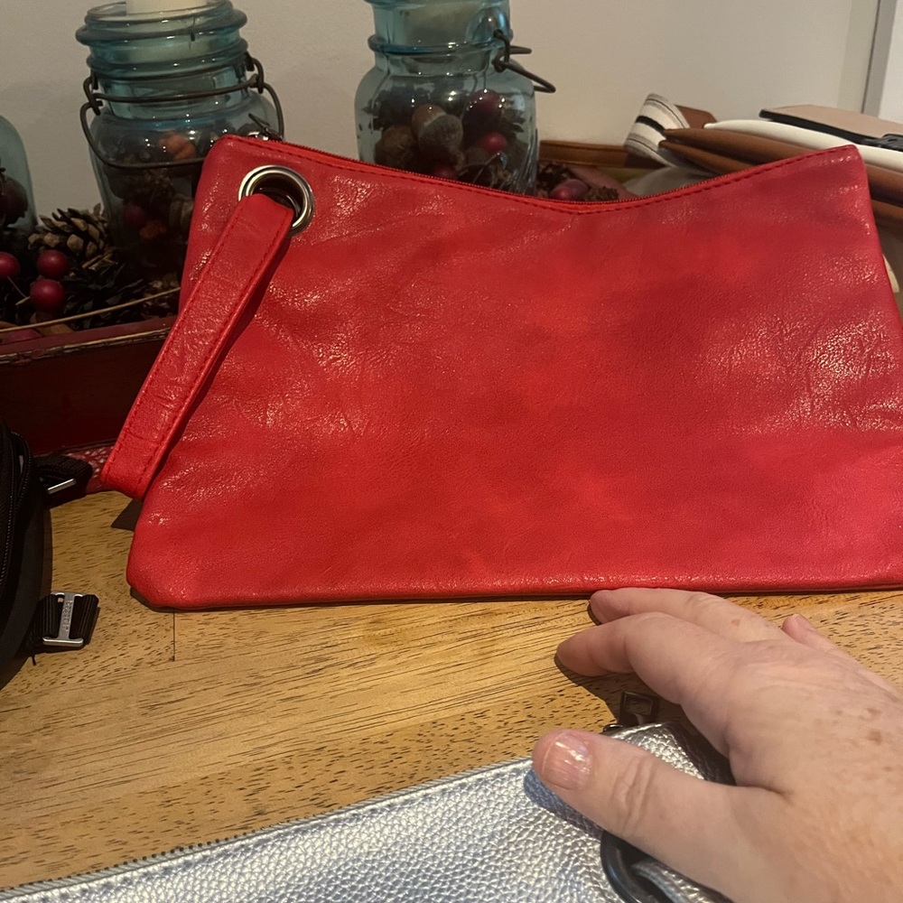 Red Leather Wristlet Clutch
